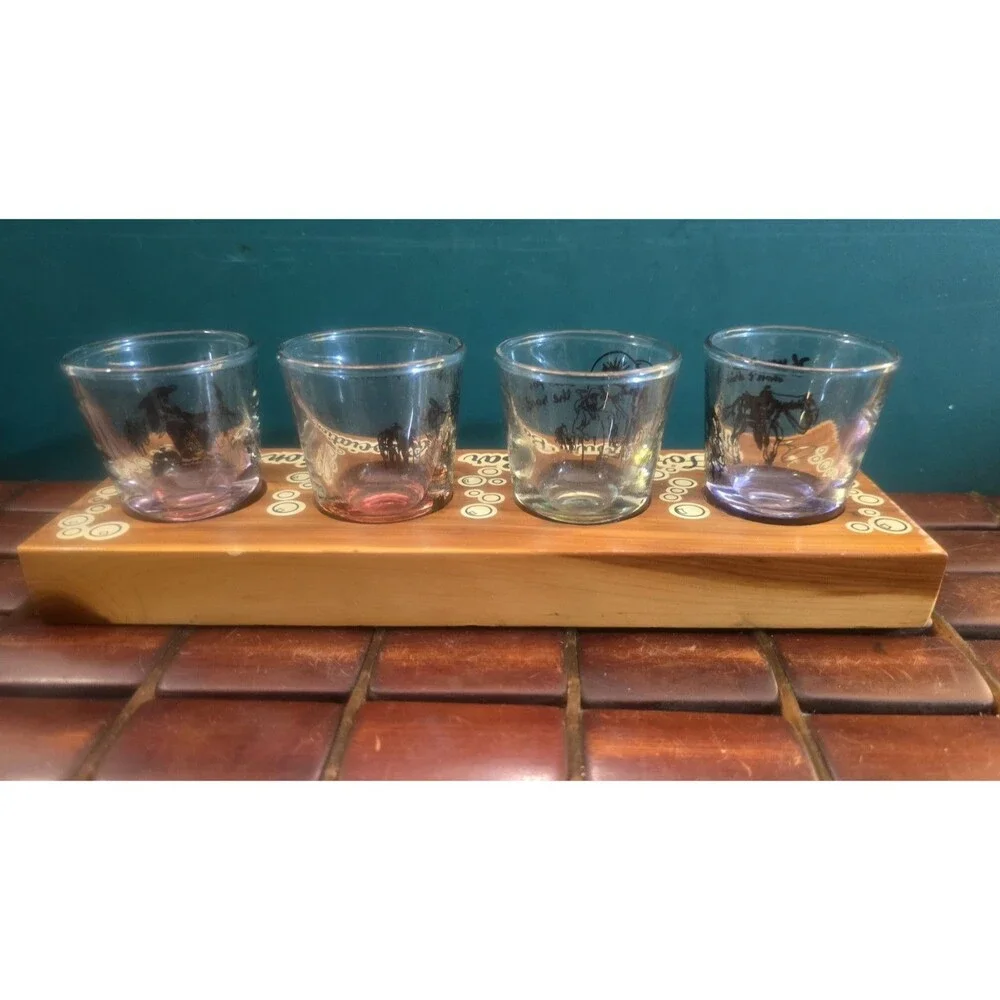 For Our Bar Association 4 Shot Glass Set with Cedar Wood Holder Vintage